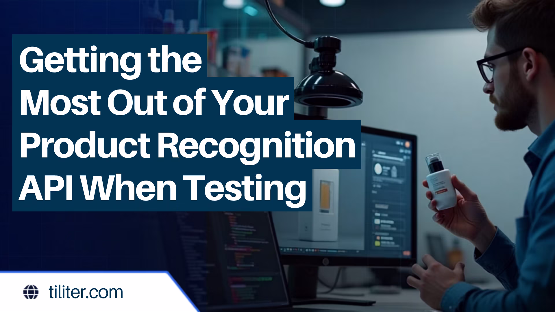 A developer at a desk holding a product up to a camera while testing the Product Recognition API