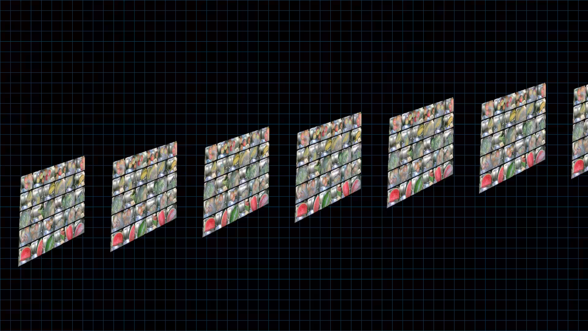 A receding row of identical grocery shelf images on a dark grid