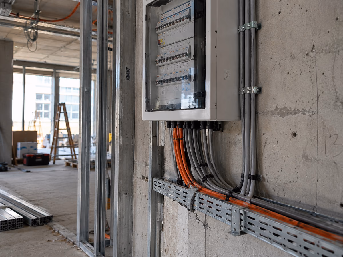 A newly installed distribution board with cables running into a cable tray