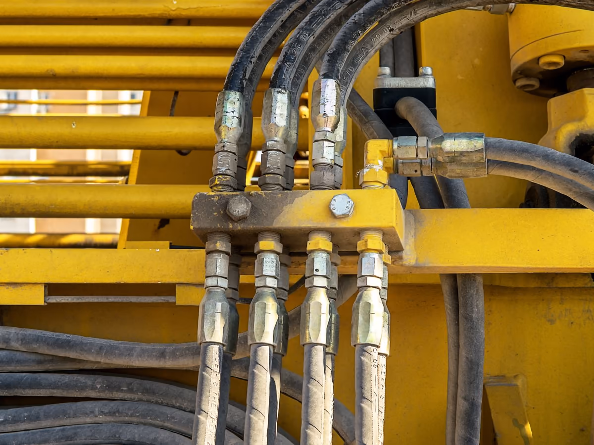 Hydraulic hoses and fittings on a yellow machine, their printed markings worn and dusty