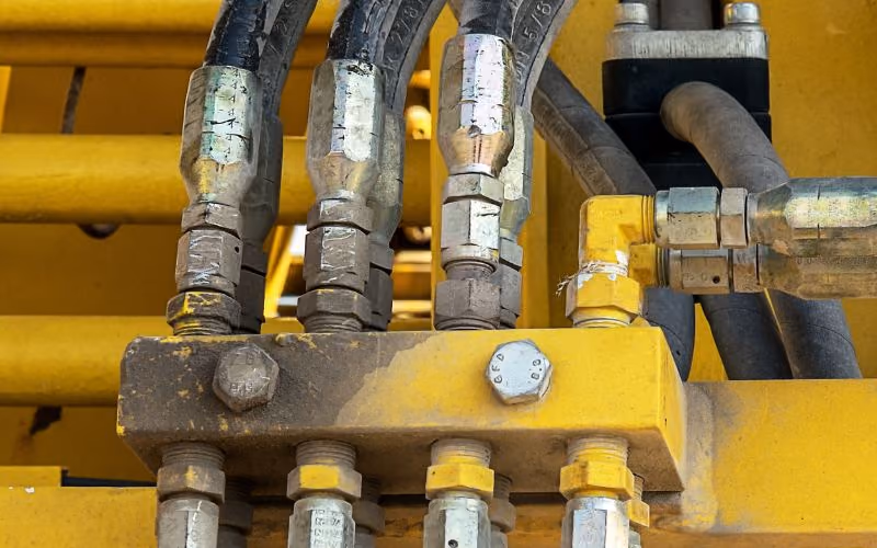 Hydraulic fittings installed on a manifold block on yellow machinery
