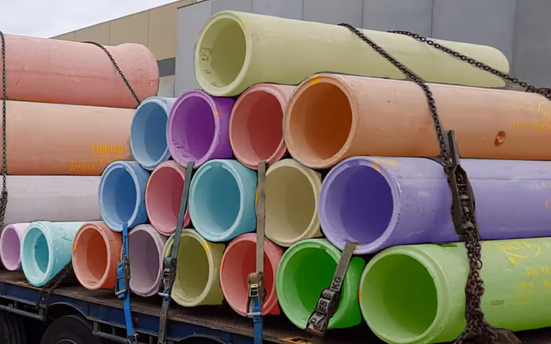 A truck delivering a load of strapped plastic pipes