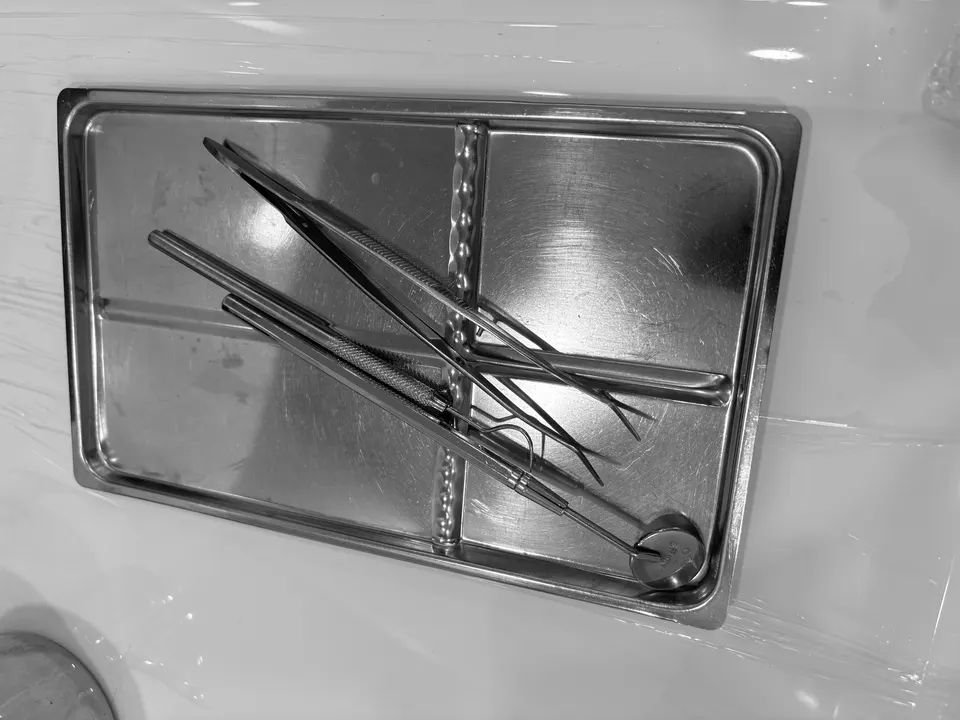 A mouth mirror, dental probe and tweezers on a stainless steel instrument tray